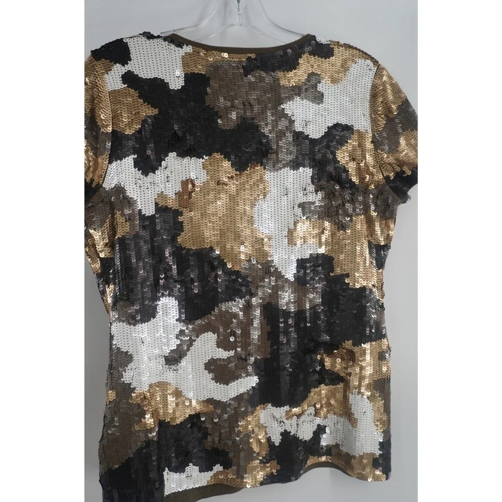 MICHAEL Michael Kors Camou Sequin Tee Gold BLK White Sparkle Glitzy Chic Top SzM
